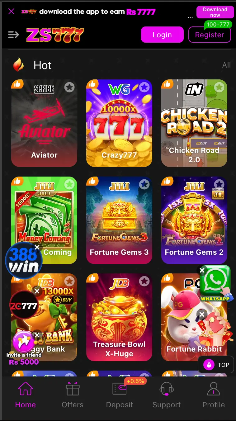 ZS777 Casino Game Selection Menu