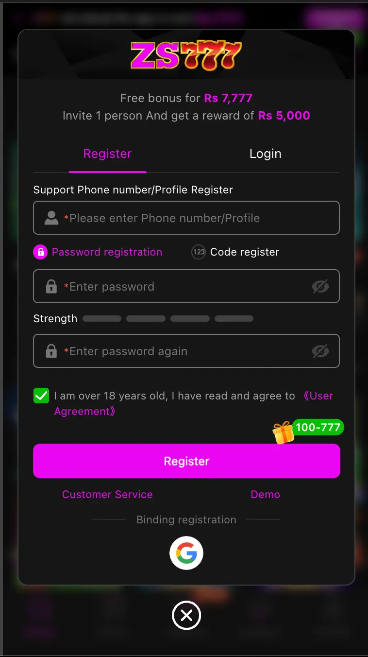 ZS777 Online Registration Page Screenshot